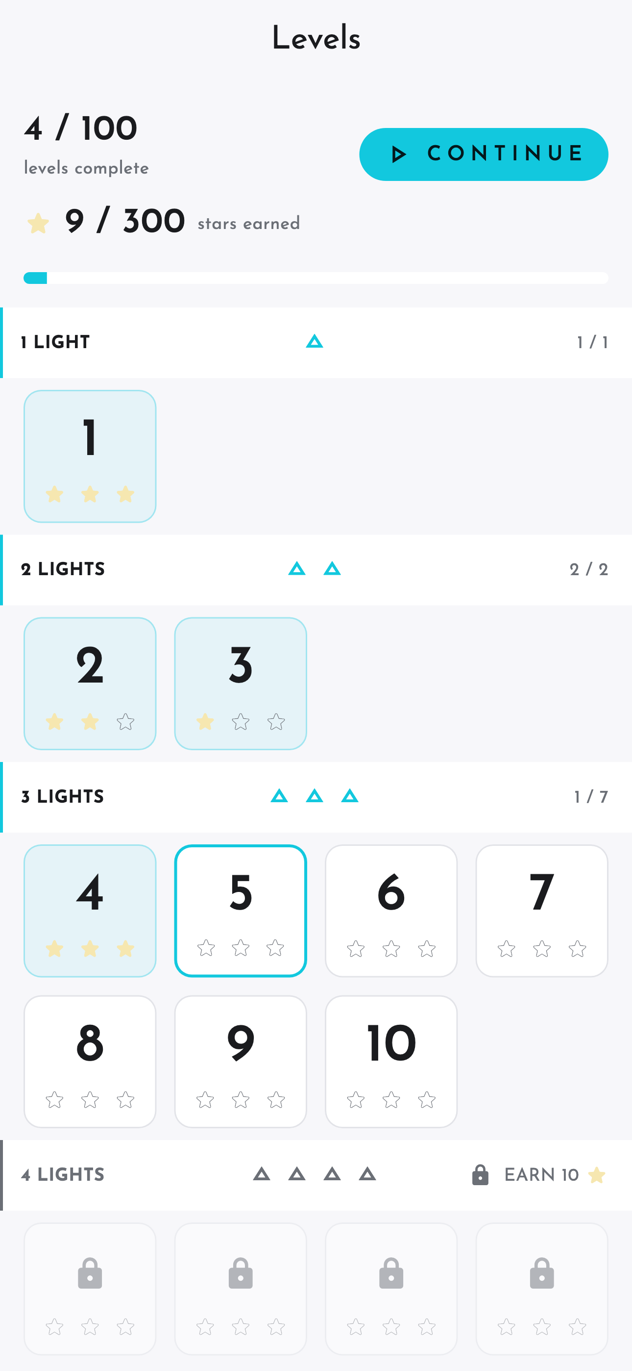 The level select grid, showing stars earned per level