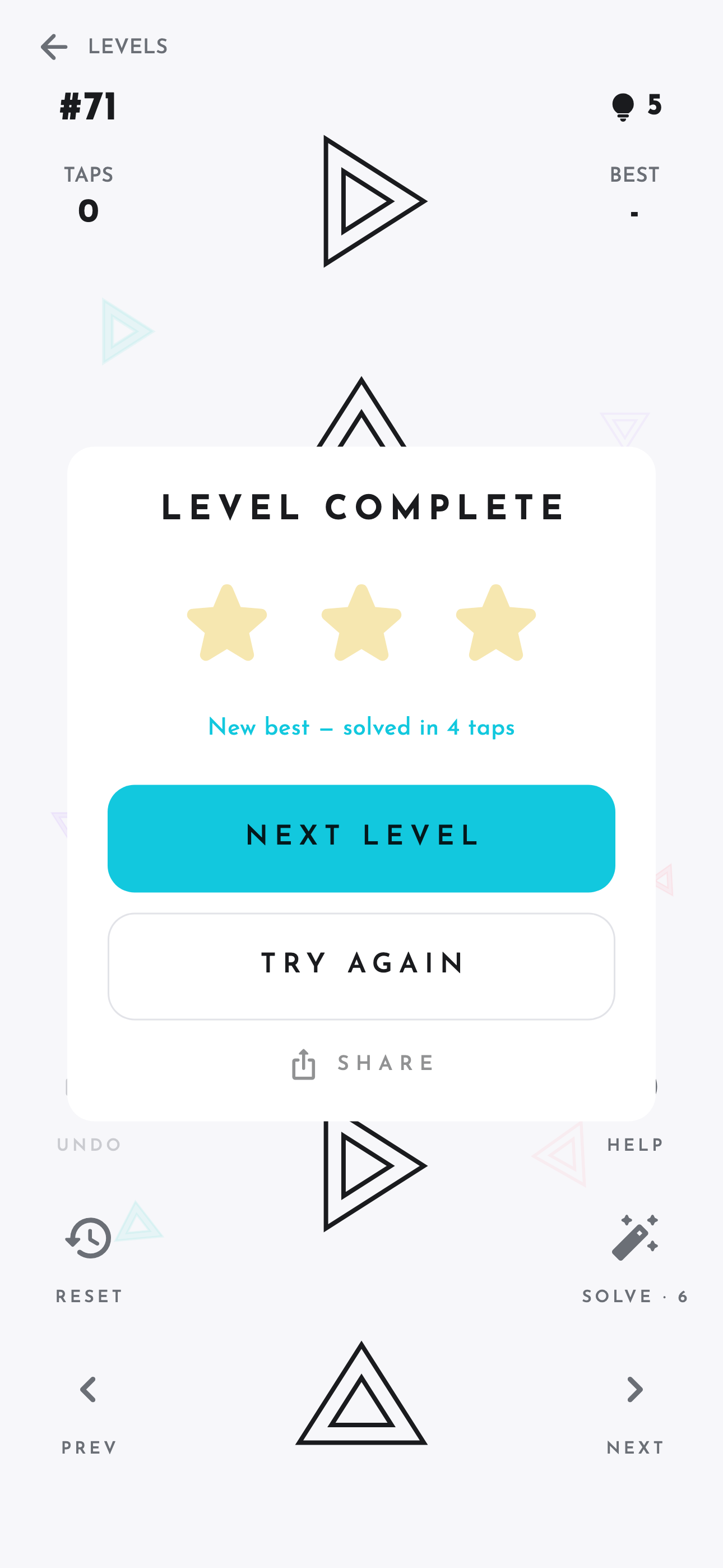 The level complete screen, showing three stars and the tap count